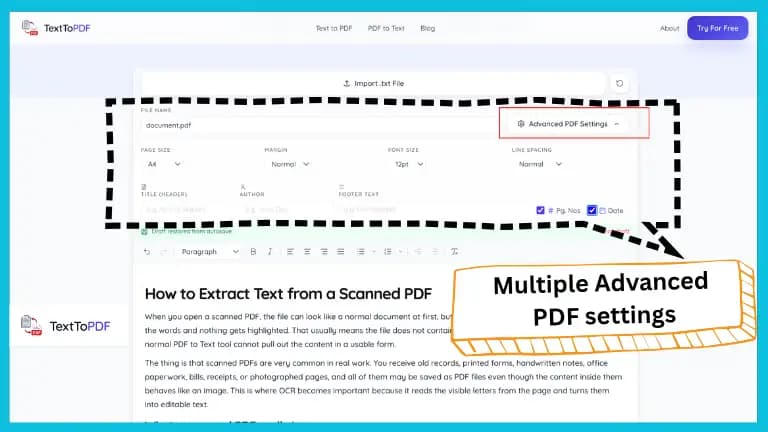 Advanced PDF settings in TextToPDF