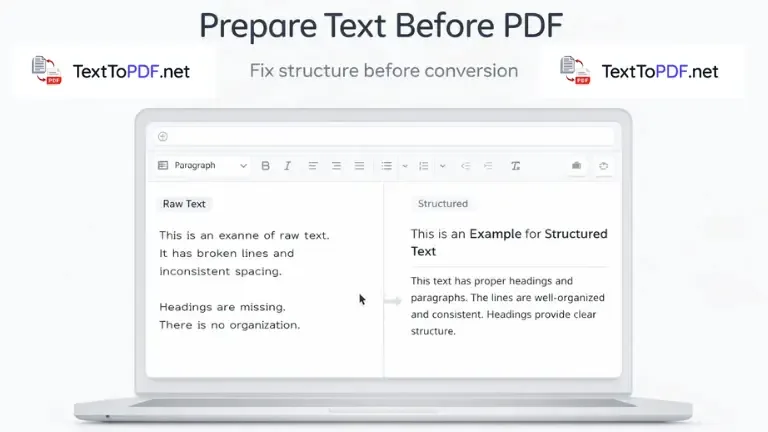 Preparing plain text before converting to PDF with structured paragraphs and clean formatting layout