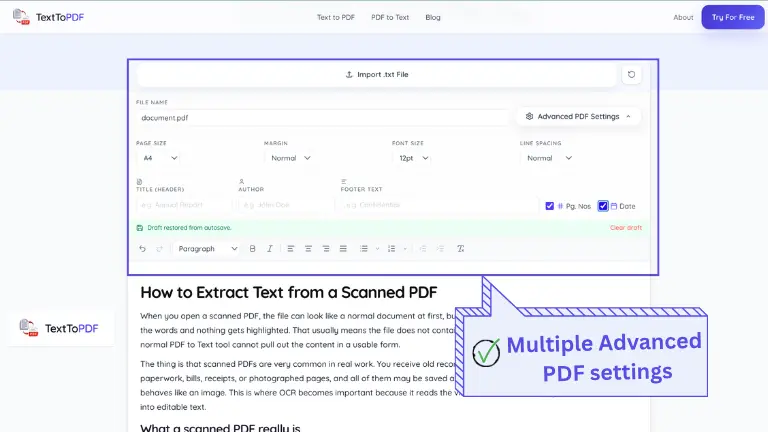 Advanced PDF settings in TextToPDF