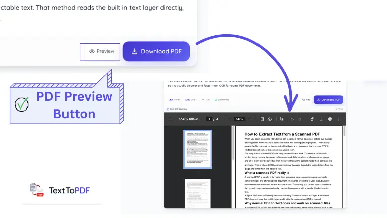 PDF preview screen before creating the download in TextToPDF