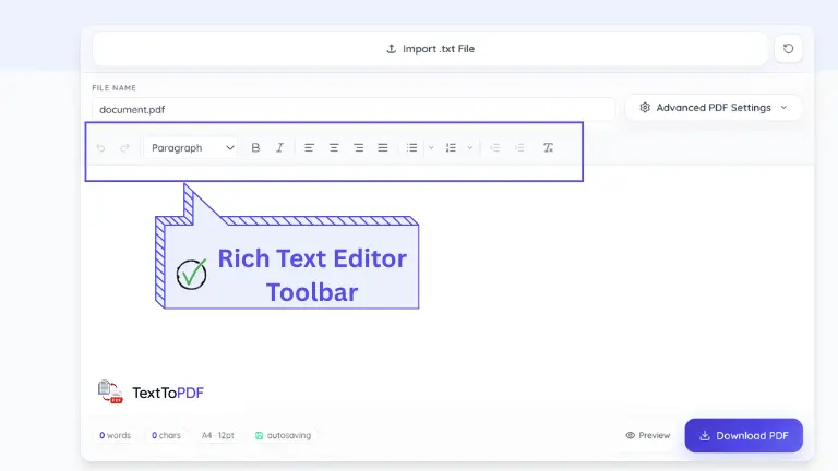 Rich text editor toolbar in TextToPDF