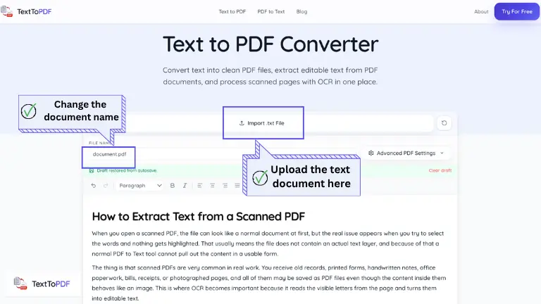 Upload text file or rename document in TextToPDF tool